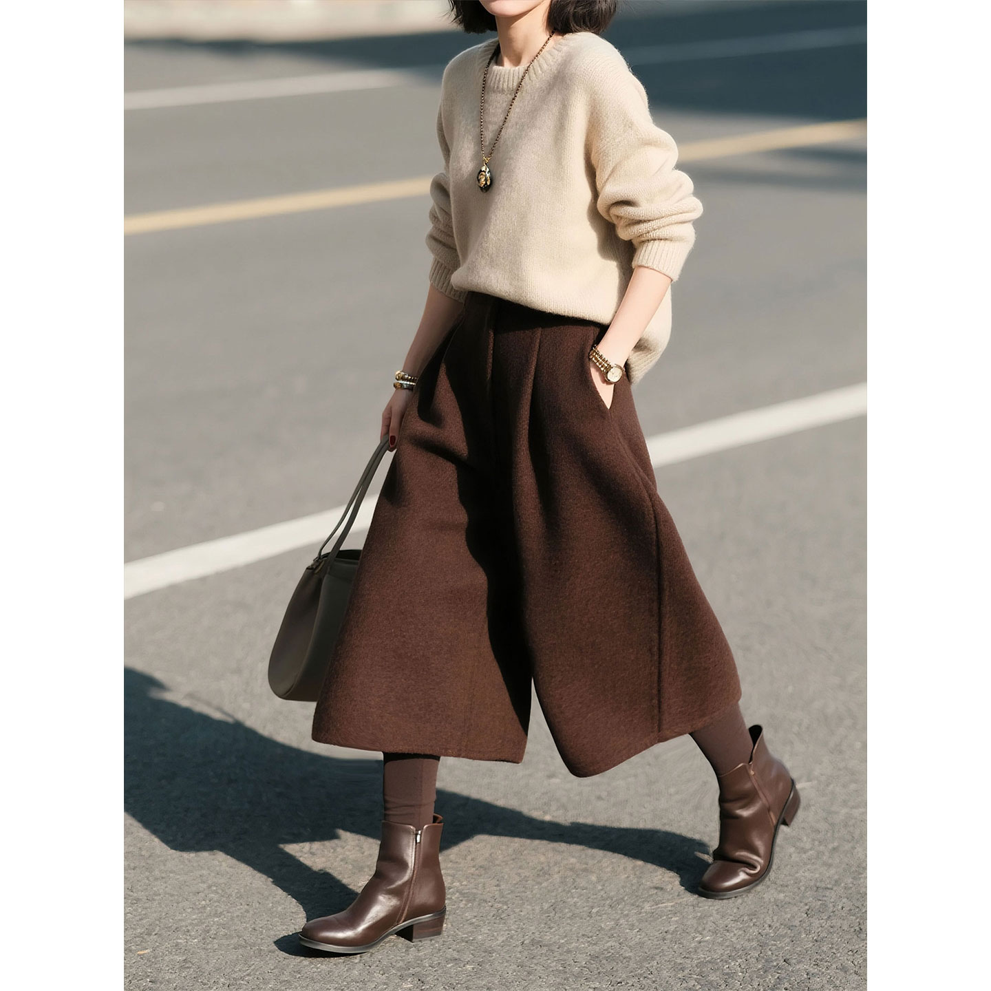 深棕色高腰毛呢八分阔腿裤女2025