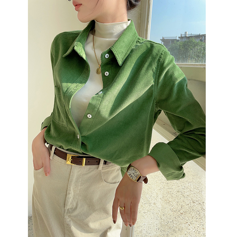 绿色灯芯绒衬衫秋冬磨毛长袖