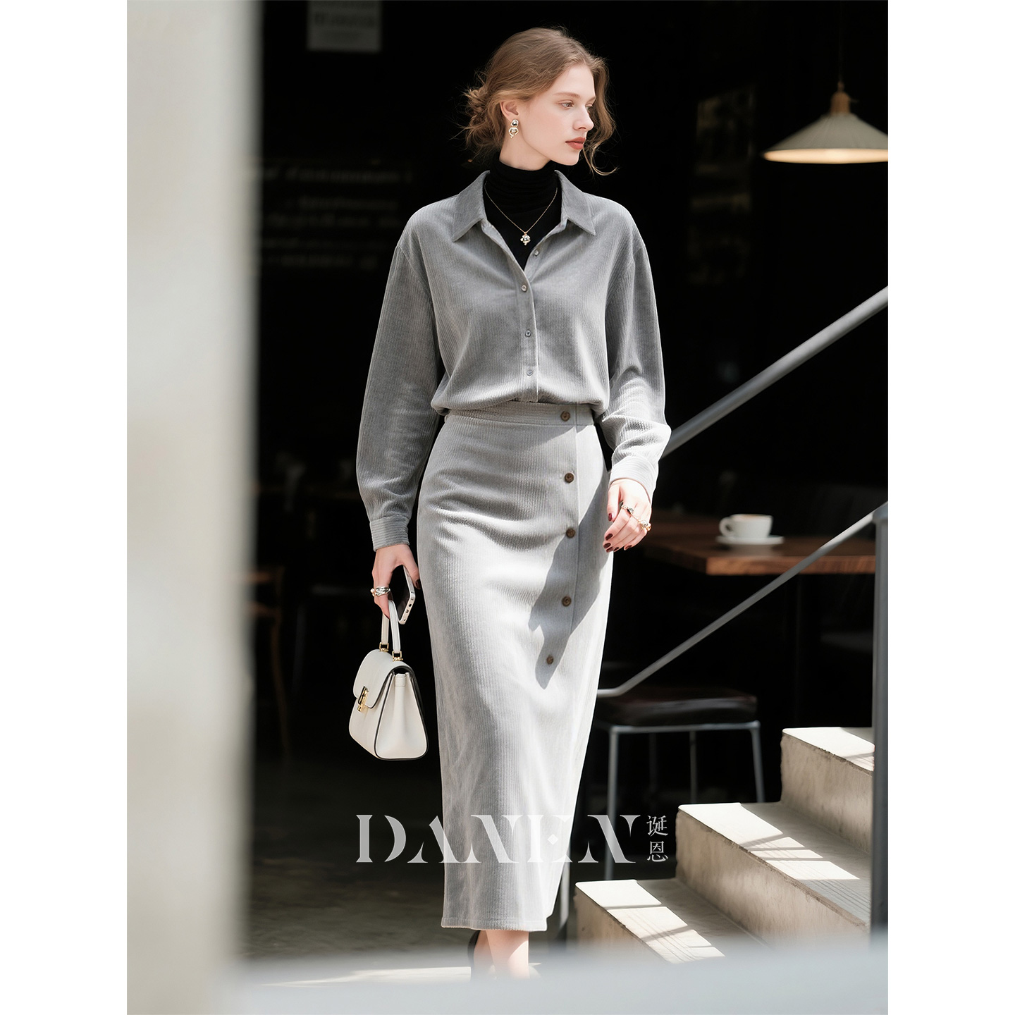 灰色灯芯绒纯棉套装女2025年秋冬