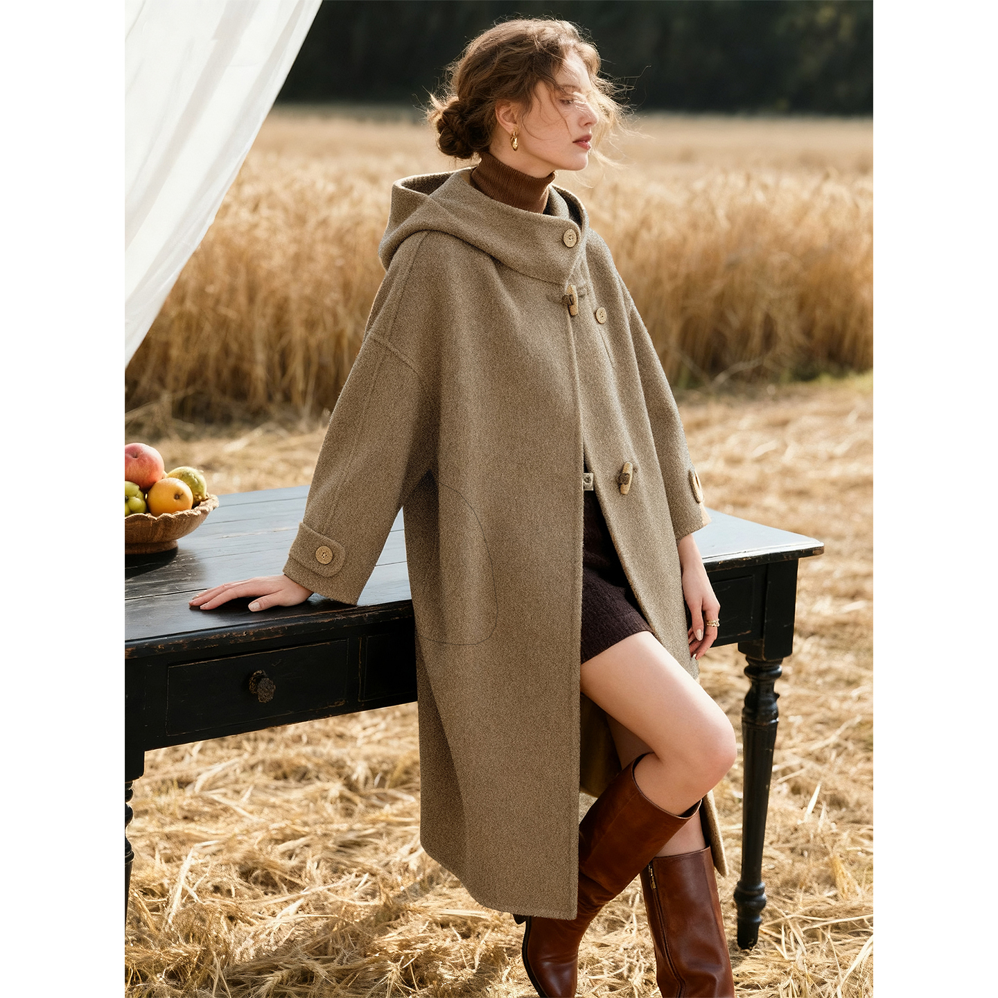 绿色连帽双面呢大衣女2025年秋冬