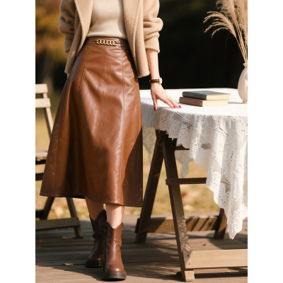 棕色PU皮裙半身裙女2025年秋冬