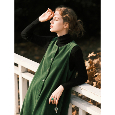 墨绿色灯芯绒纯棉无袖连衣裙