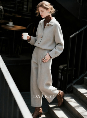 白灰色翻领毛呢外套九分裤两件套女2026年秋冬新款羊毛休闲风套装