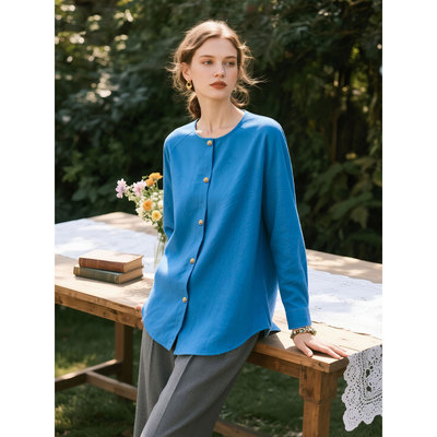 蓝色圆领磨毛灯芯绒衬衫女秋冬