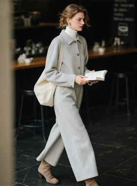 白灰色羊毛毛呢套装女秋冬2026超火冬装一整套外套九分裤两件套