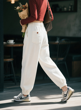 白色高腰阔腿裤女2026年春季新款通勤风宽松显瘦小个子九分束脚裤