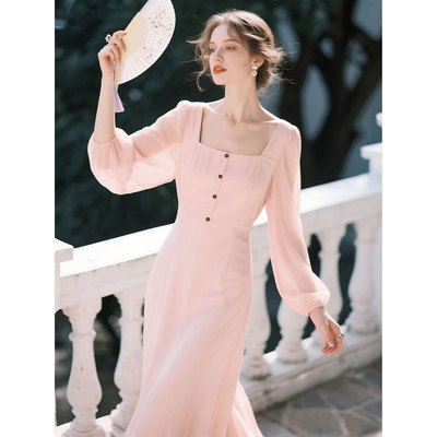 粉色方领雪纺长袖连衣裙女秋季