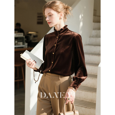 深棕色丝绒立领木耳边衬衫女2025