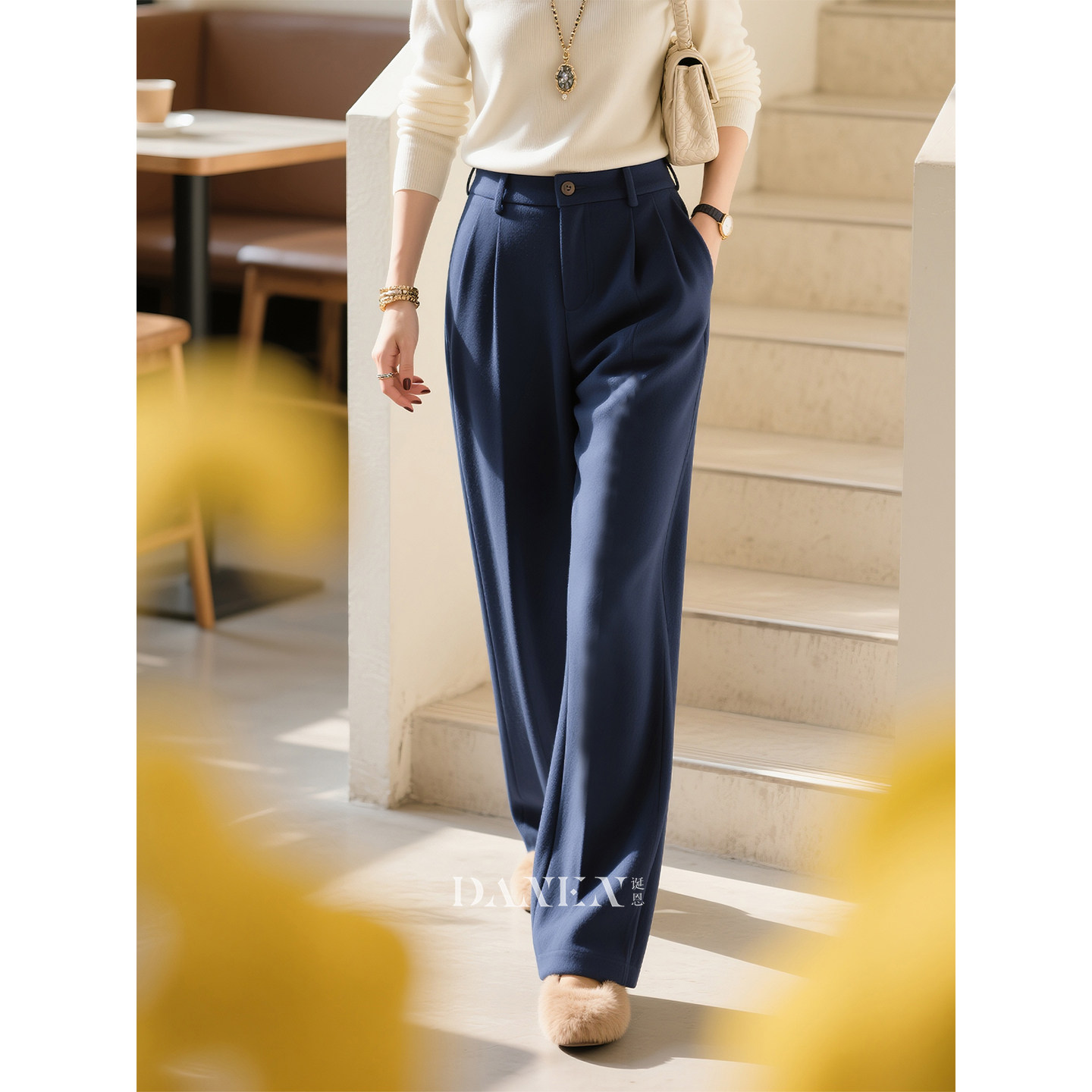 藏蓝色高腰毛呢阔腿裤女2026春季新款时尚百搭显瘦休闲直筒长裤子,女装/女士精品,休闲裤,淘宝优惠券,粉丝福利购,淘宝优惠卷