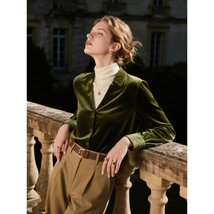 橄榄绿V领衬衫女2025春季新款丝绒轻熟风百搭气质高级感叠穿上衣