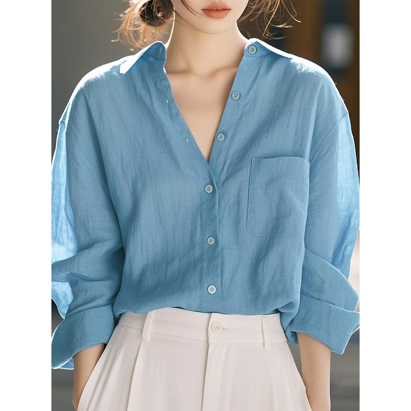 蓝色亚麻衬衫女2026年春季新款长袖衬衣高级感宽松薄款早秋上衣,女装/女士精品,衬衫,淘宝优惠券,粉丝福利购,淘宝优惠卷