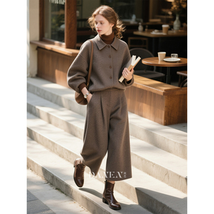 灰棕色毛呢套装女2026年秋冬新款精致百搭通勤外套阔腿裤两件套