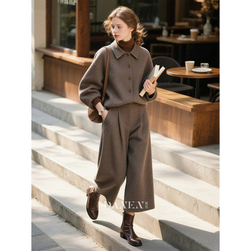 灰棕色毛呢套装女2025年秋冬新款