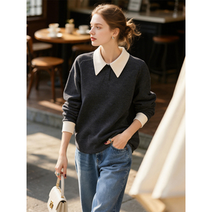 麻灰色polo领拼色假两件卫衣女2026年春季新款高级感通勤百搭上衣