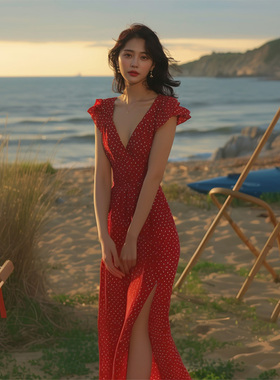 红色法式V领小飞袖波点连衣裙女2026年夏季新款短袖海边度假裙子