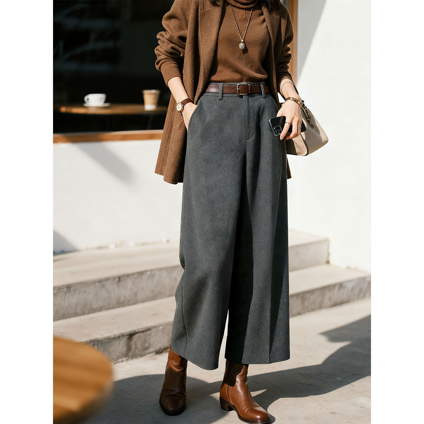 灰色绵羊毛阔腿裤女2025年秋冬