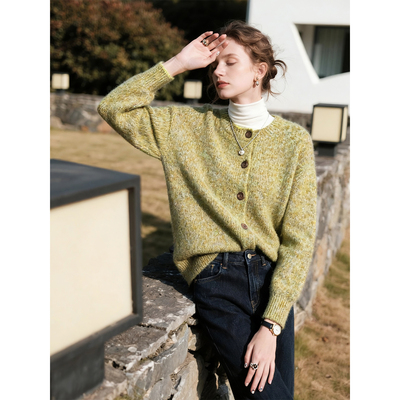 绿棕色圆领绵羊毛针织开衫女2025