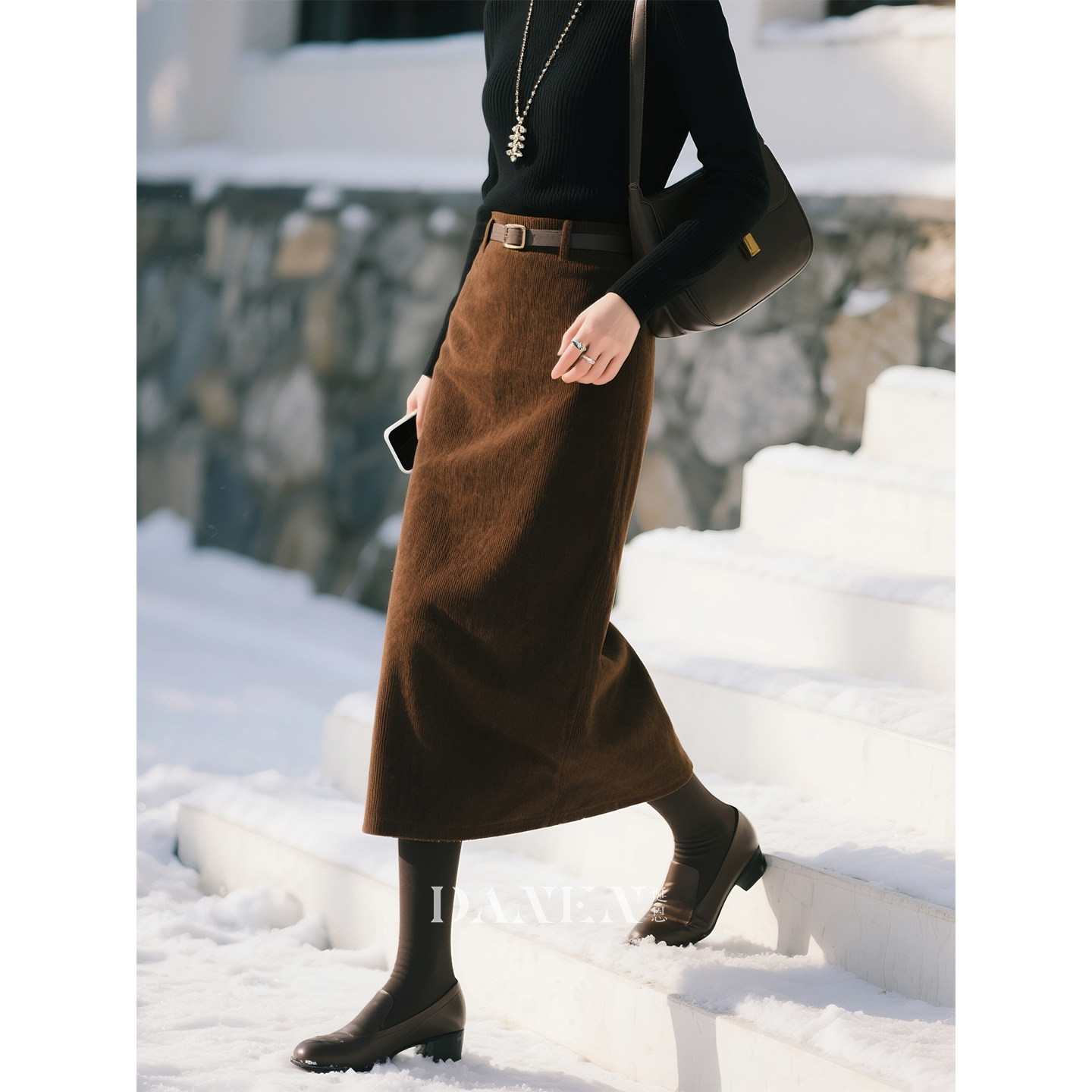 深棕色全棉灯芯绒高腰半身裙女