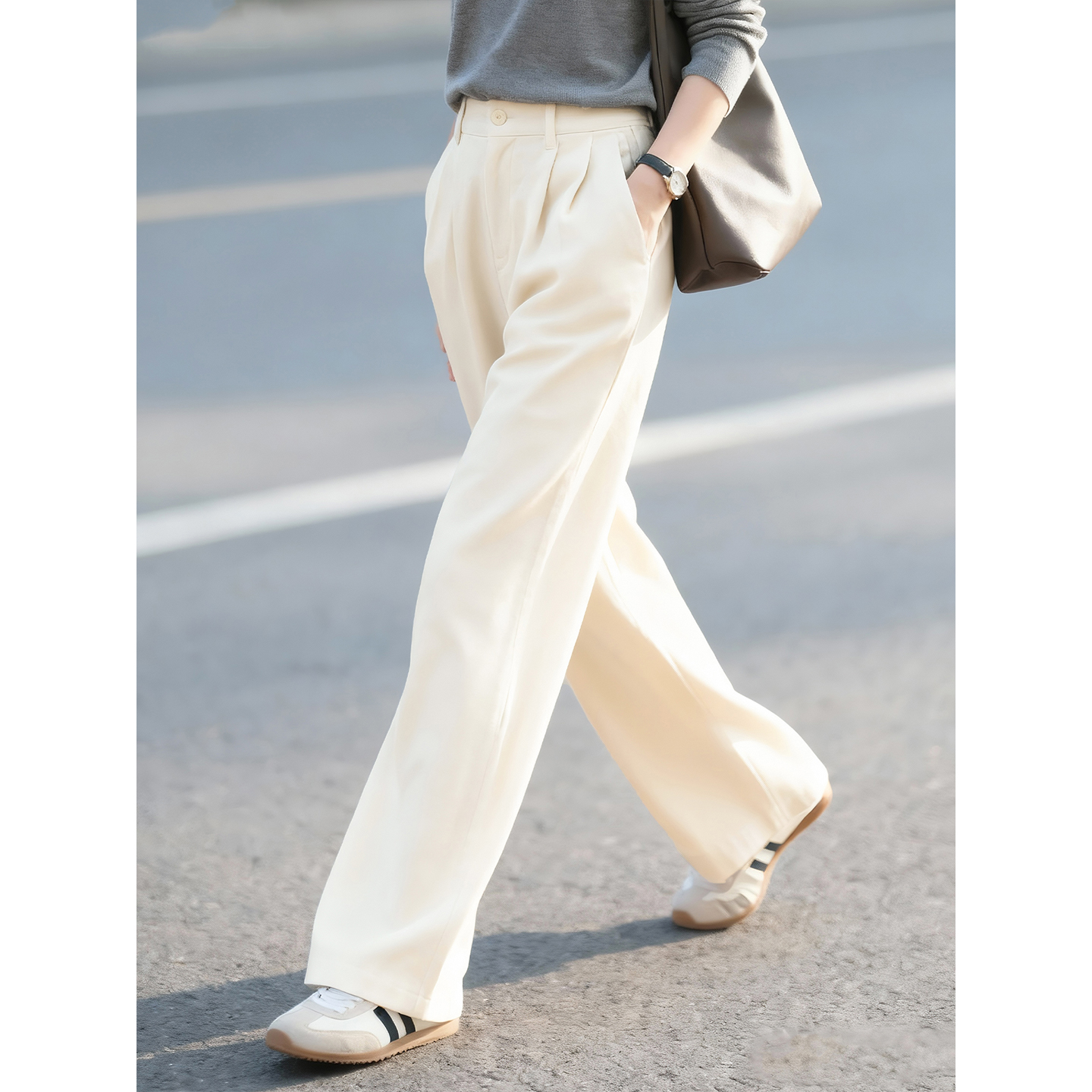 米白色羊毛高腰休闲裤女2025年
