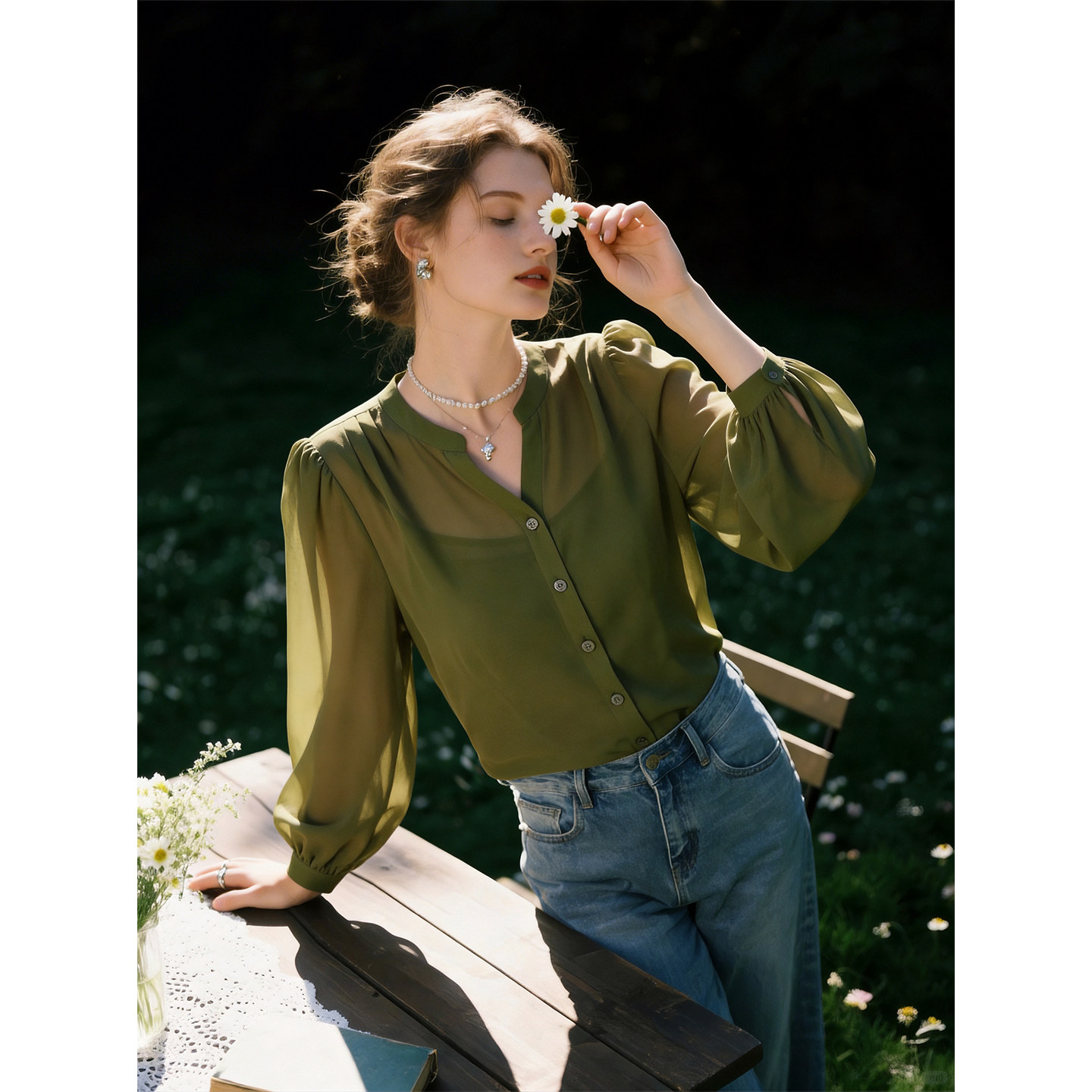 牛油果绿V领长袖衬衫女2026年春季新款高级感防晒衬衣薄款上衣