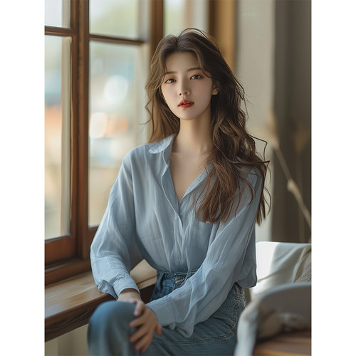 浅蓝色长袖衬衫春秋衬衣