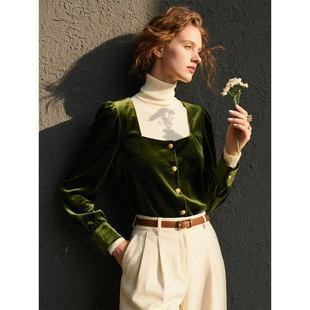 绿色方领丝绒衬衫女2026年春季新款法式复古轻奢风衬衣气质上衣