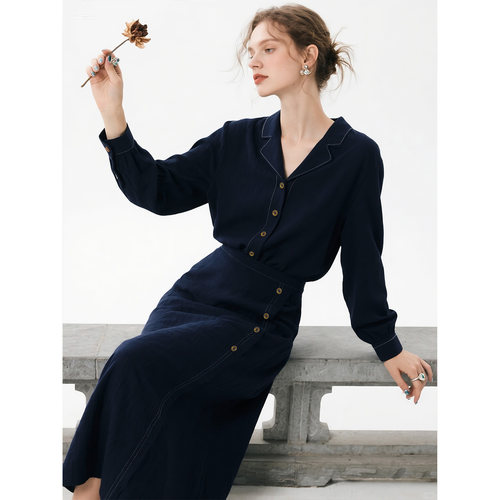 藏青色莱赛尔天丝套装女春季