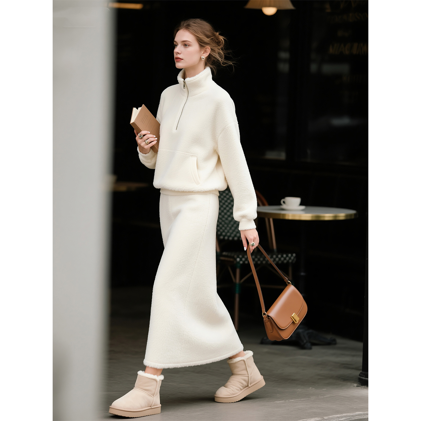 白色加厚套装女2025秋冬新款立领