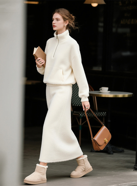 白色摇粒绒套装女秋冬加厚外套半身裙两件套2026超火冬装一整套