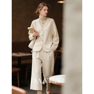 两件套 气质V领外套阔腿裤 米杏色双面绵羊毛套装 女2025年秋冬新款
