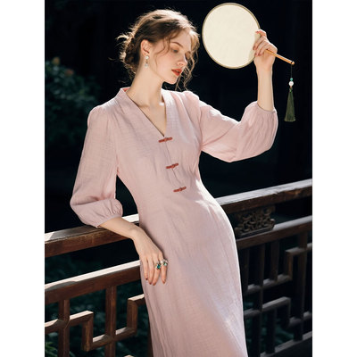 新中式粉色连衣裙女秋季改良旗袍