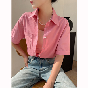 女夏季 2024新款 衬衫 粉色纯棉短袖 轻奢高级感polo领衬衣宽松上衣