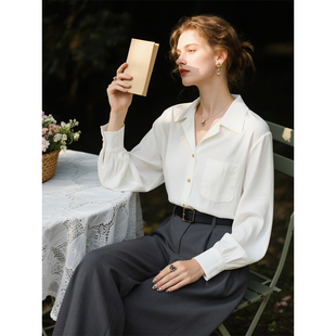 白色古巴领长袖衬衫女2026年春季新款通勤风宽松高级感叠穿衬衣