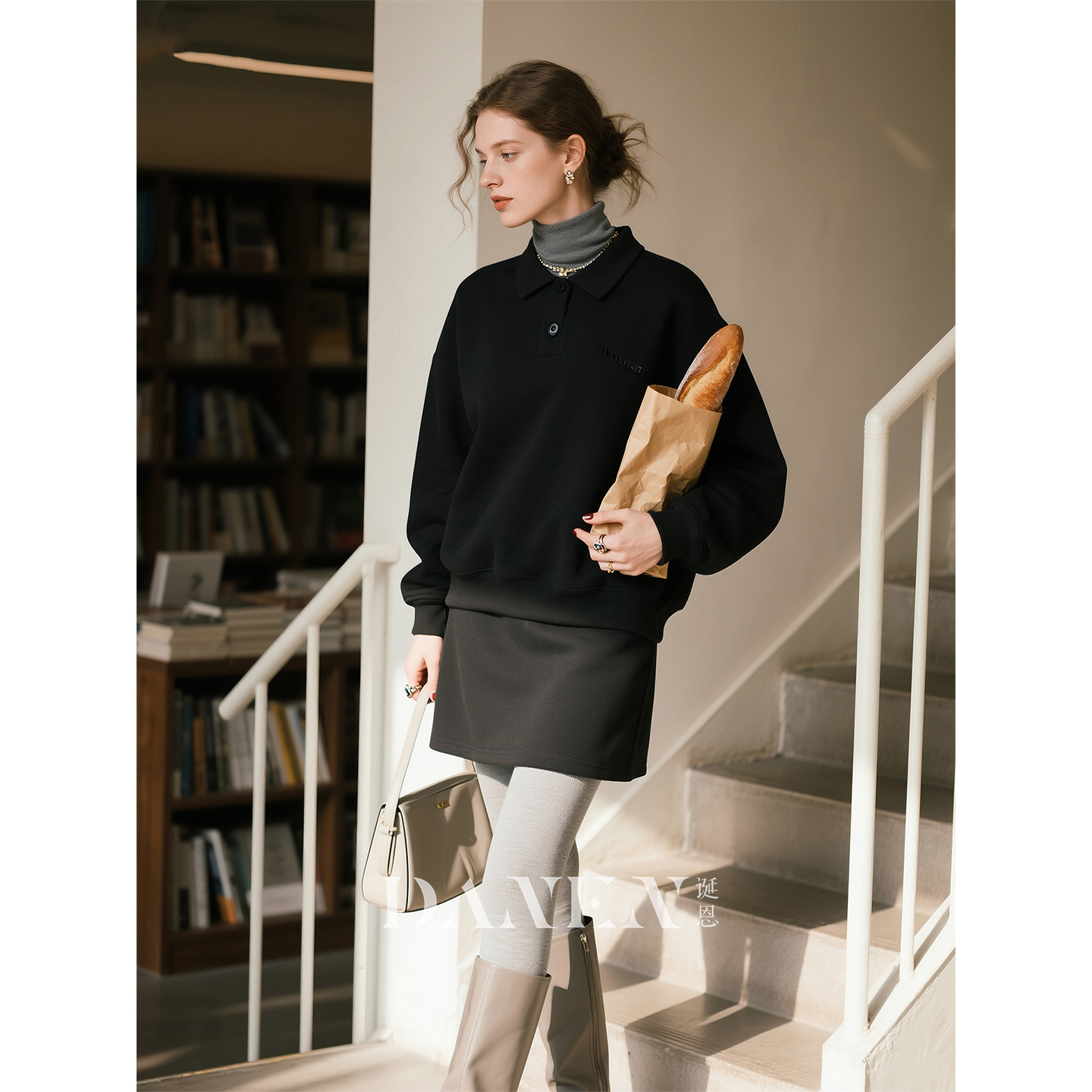黑色POLO领羊毛卫衣半身裙套装女