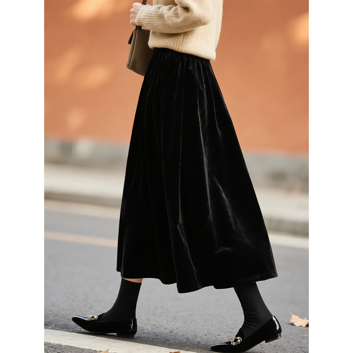 黑色丝绒半身裙女秋冬A字裙子