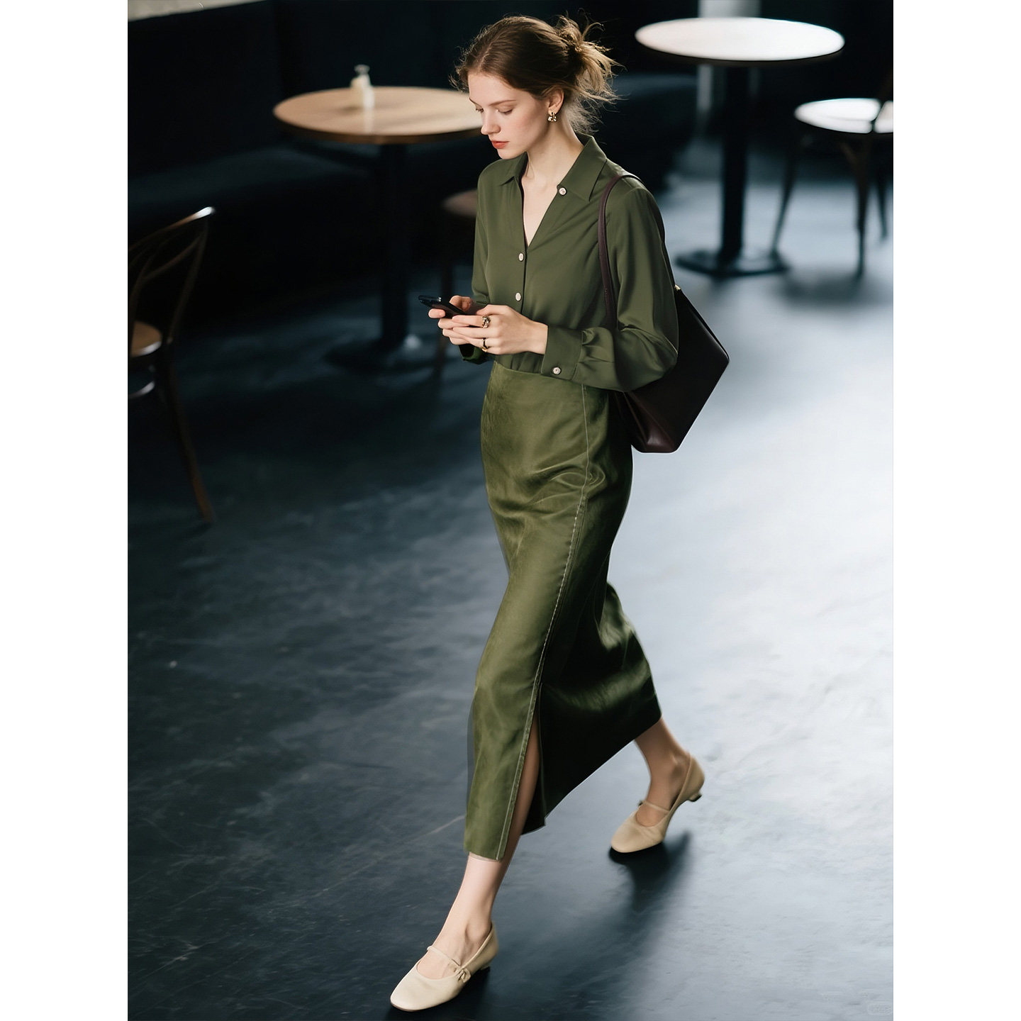 深绿色衬衫套装女秋季两件套