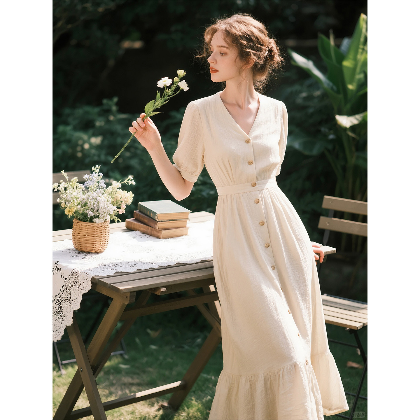 燕麦色V领泡泡袖连衣裙女2026年夏季新款收腰排扣长裙气质初恋裙