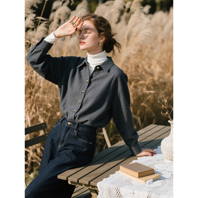 灰色磨毛衬衫女秋冬加厚叠穿衬衣