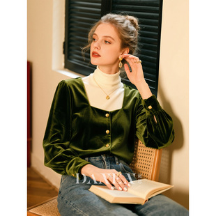 绿色方领长袖丝绒衬衫女2026秋冬新款法式复古衬衣时尚设计感上衣