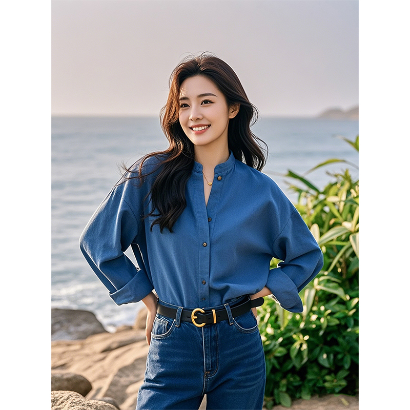 100%棉法式蓝色立领纯棉衬衫女2025年春秋新款全棉衬衣高级感上衣
