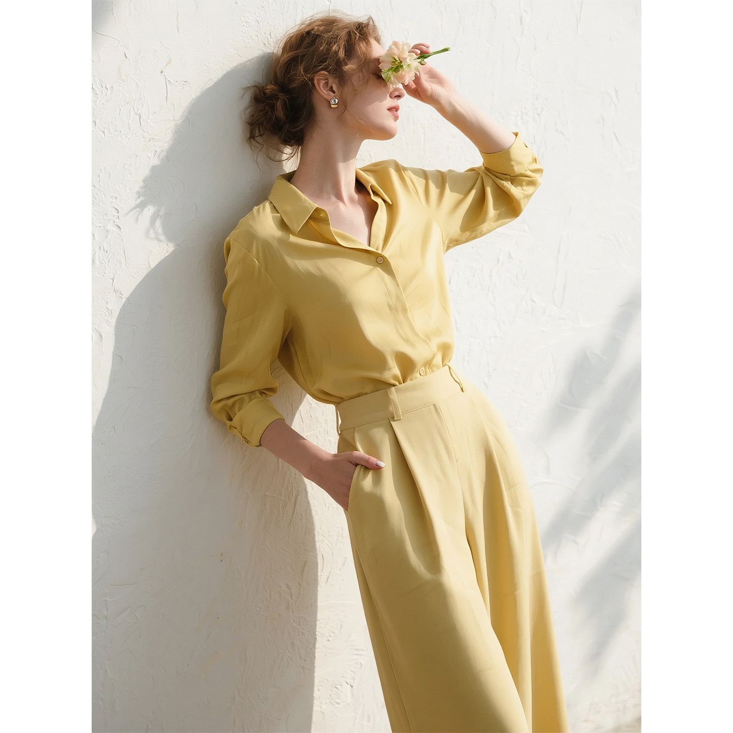 黄色衬衫阔腿裤套装女2026年春季新款收腰显瘦高级感气质两件套,女装/女士精品,时尚套装,淘宝优惠券,粉丝福利购,淘宝优惠卷