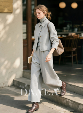 白灰色翻领外套九分裤两件套女2026年秋冬新款羊毛高级感气质套装