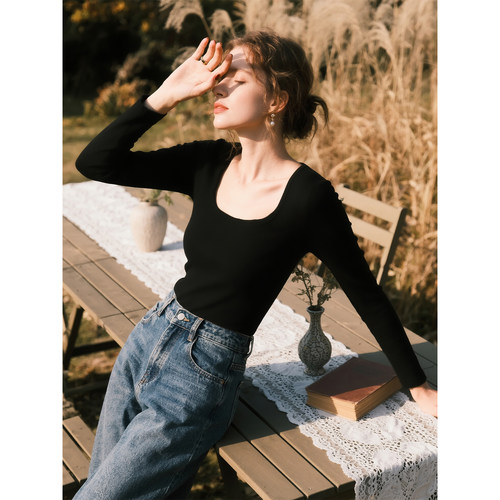 黑色方领长袖T恤女2025年秋冬