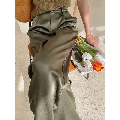 军绿色缎面阔腿裤女夏季西装裤子