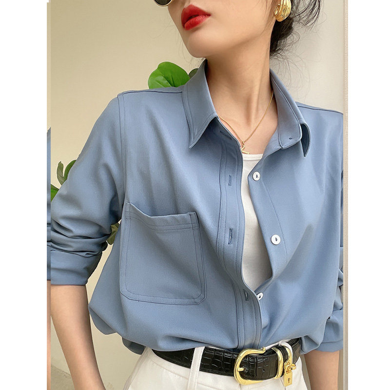 蓝色衬衫女春秋长袖polo领衬衣