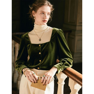 绿色方领丝绒长袖衬衫女2026年秋冬新款复古减龄衬衣高级感上衣