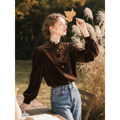 深棕色丝绒衬衫女秋冬长袖衬衣