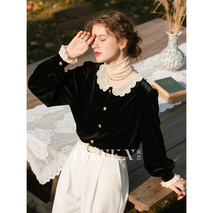 黑色花边领丝绒衬衫女2026年秋冬新款法式复古衬衣长袖叠穿上衣