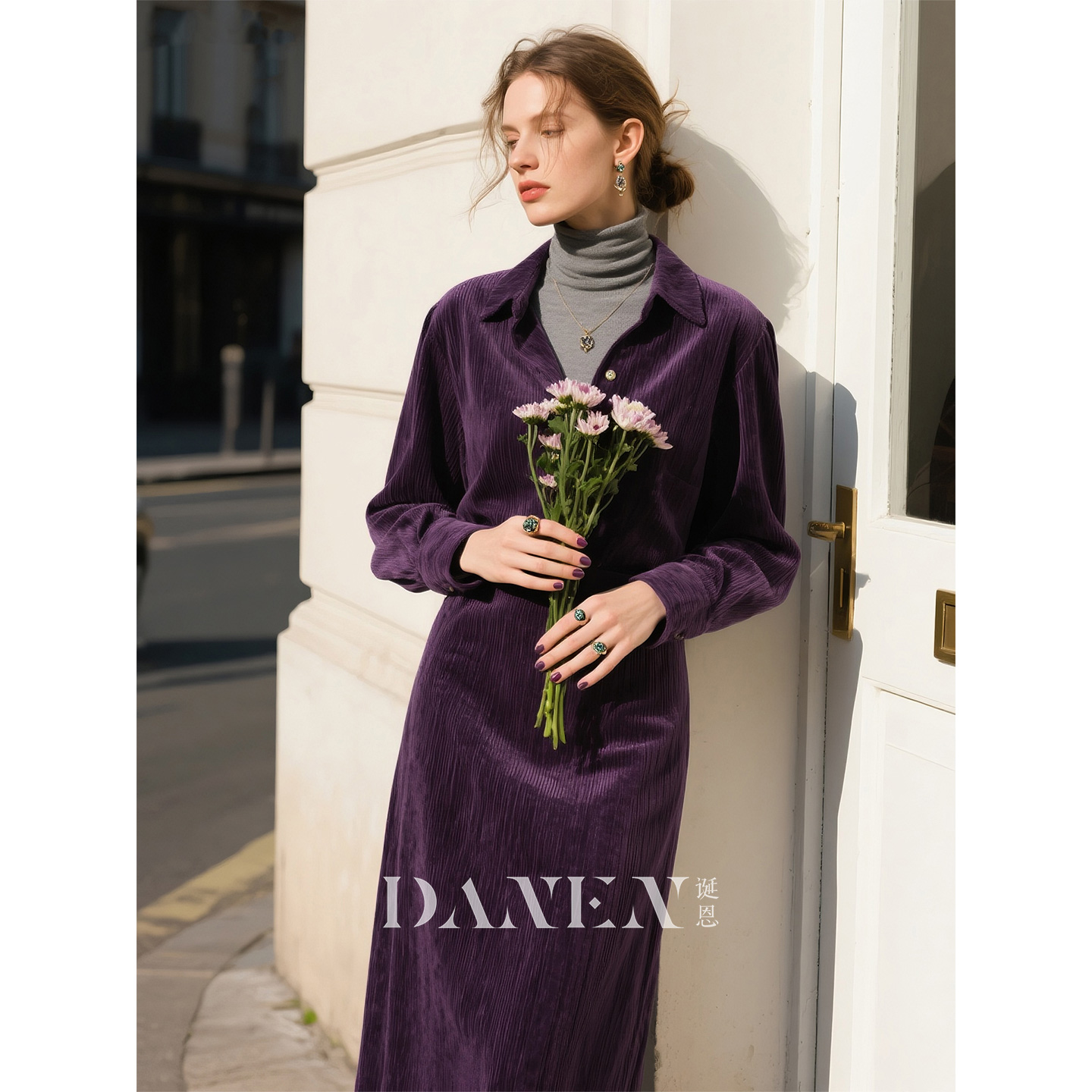 深紫色灯芯绒套装女2025年秋冬
