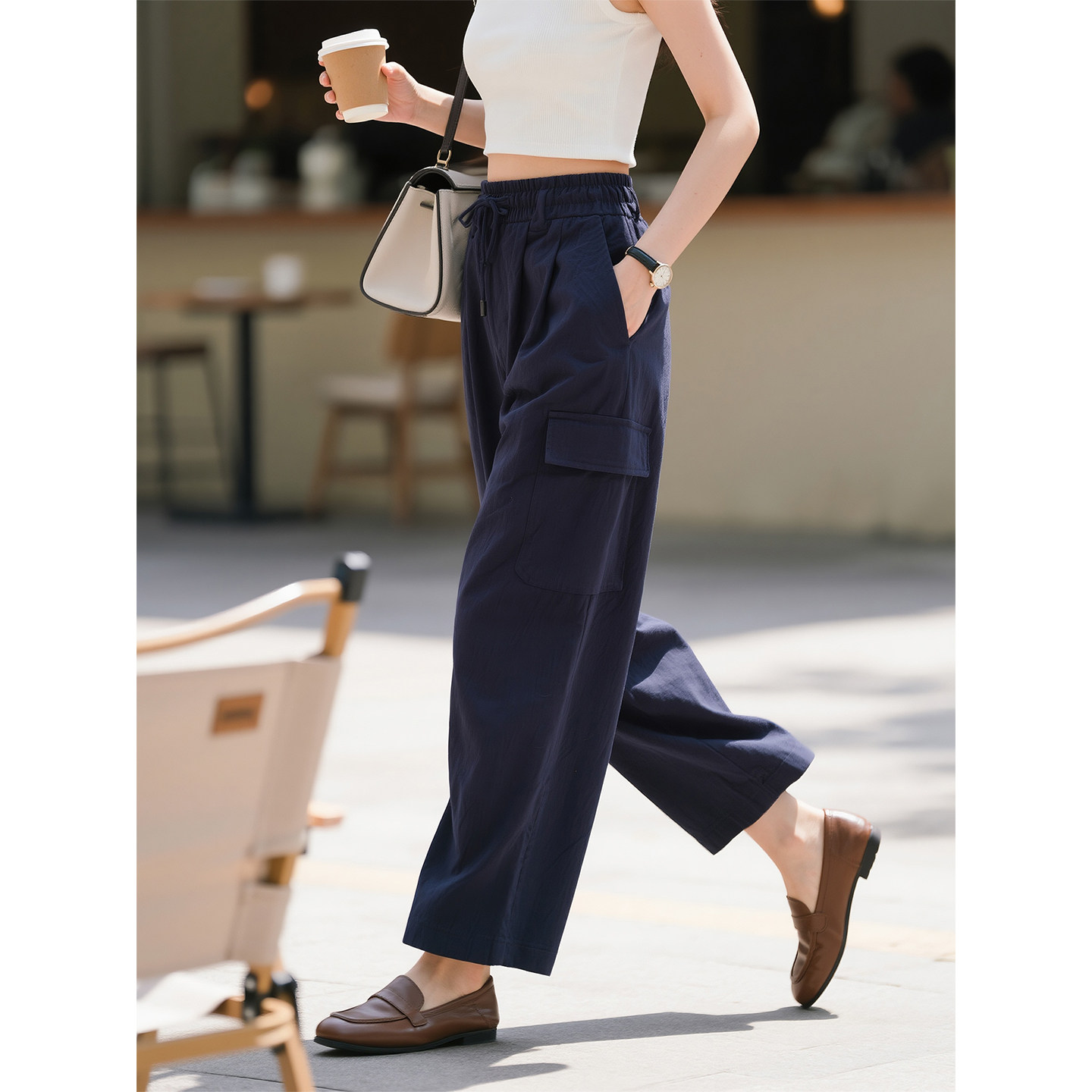 复古藏蓝色高腰阔腿裤女2026年春季新款工装风宽松显瘦直筒九分裤,女装/女士精品,休闲裤,淘宝优惠券,粉丝福利购,淘宝优惠卷